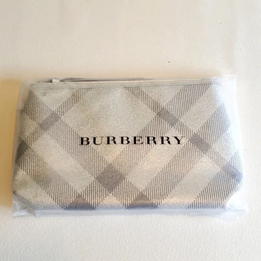 NWT Burberry Logo Makeup Silver Pouch Bag Clutch